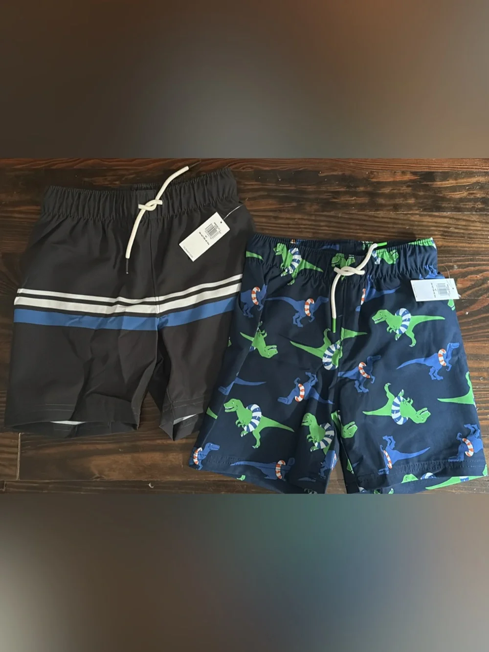 Brand new w tags Old Navy 4T Grey & Blue Striped + Navy/Green Dinosaur Swimsuits